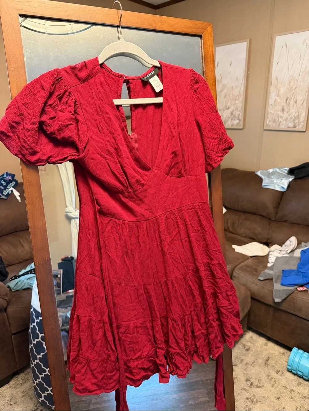 B Darlin Women's Burgundy V-Neck Ruffle Mini Dress